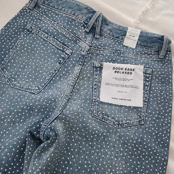 NWT Anthropologie Good American Good Ease High-Rise Rhinestone Wide-Leg Jeans 27 - Picture 7 of 11